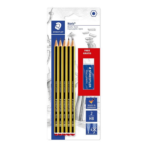 Lapiz de grafito 120 hb + goma regalo, blister 5 uds